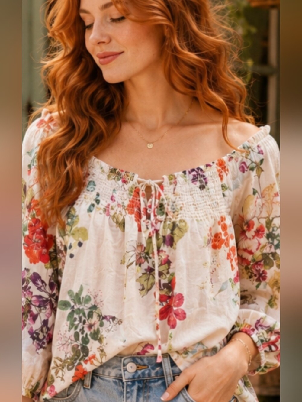 Cotton Floral Peasant Blouse Cottagecore Boho Off Shoulder Top